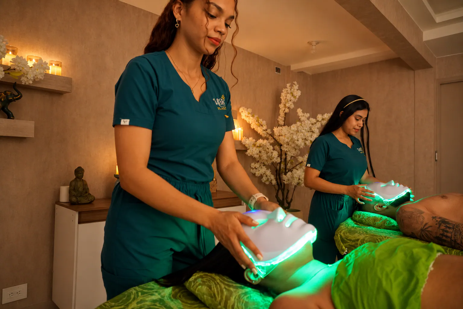 Equipo de Makai realizando una experiencia facial LED para una pareja