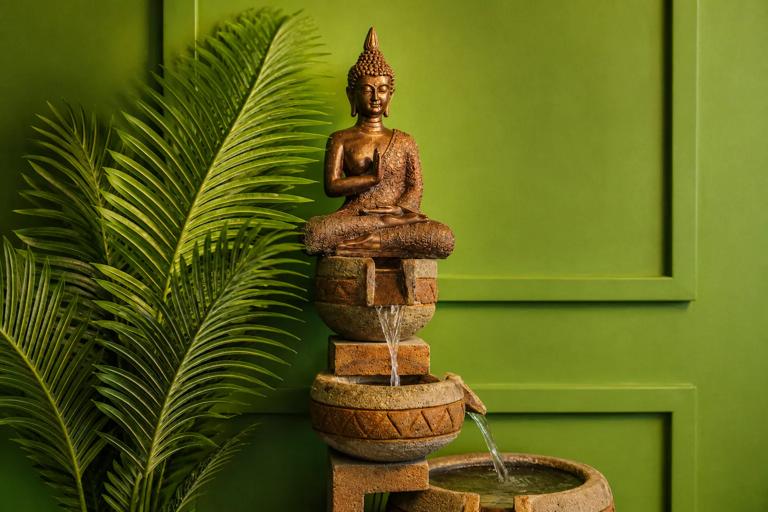 Fuente con figura de Buda y vegetación en Makai Spa