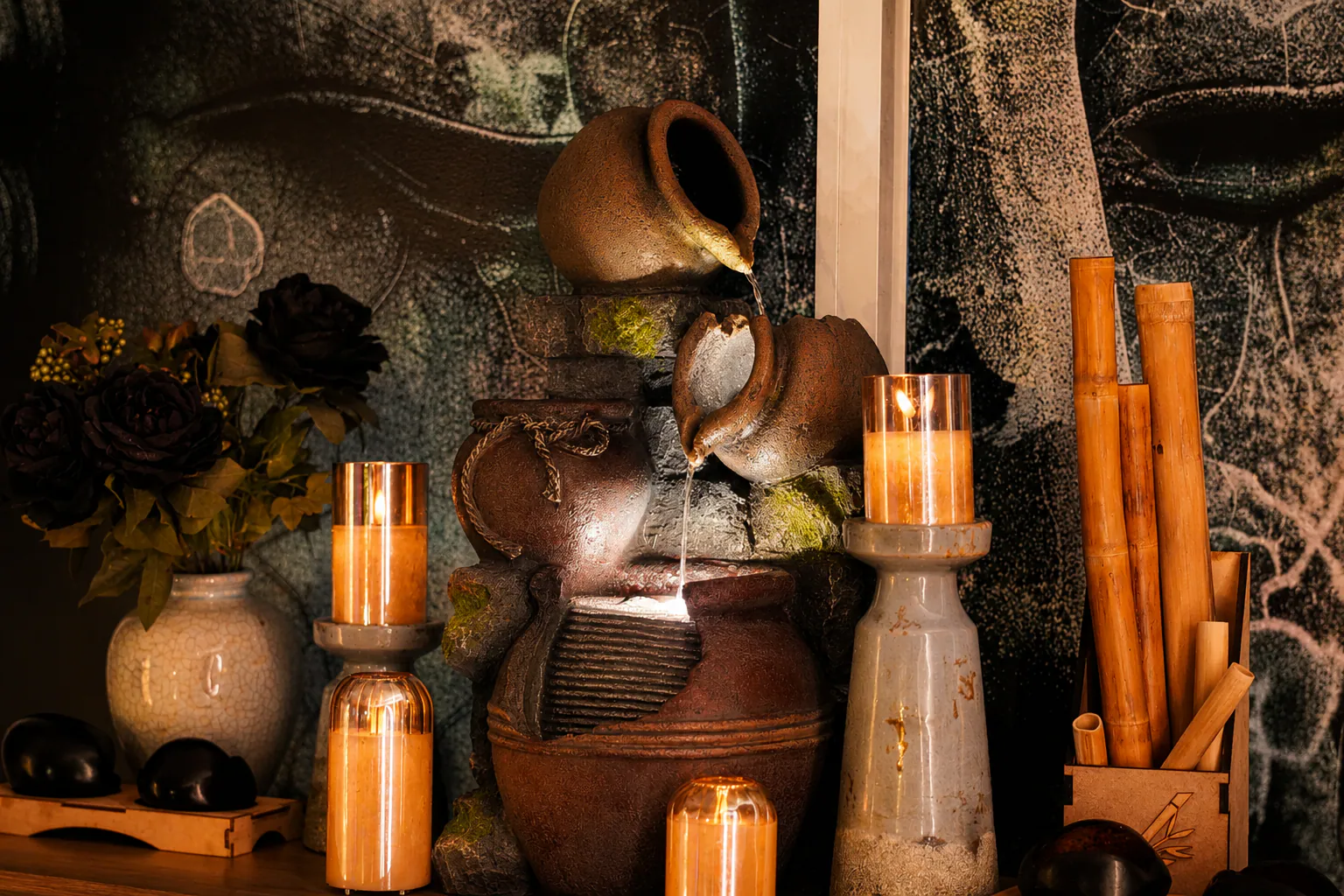 Fuente decorativa, velas y detalles de bienestar en Makai Spa