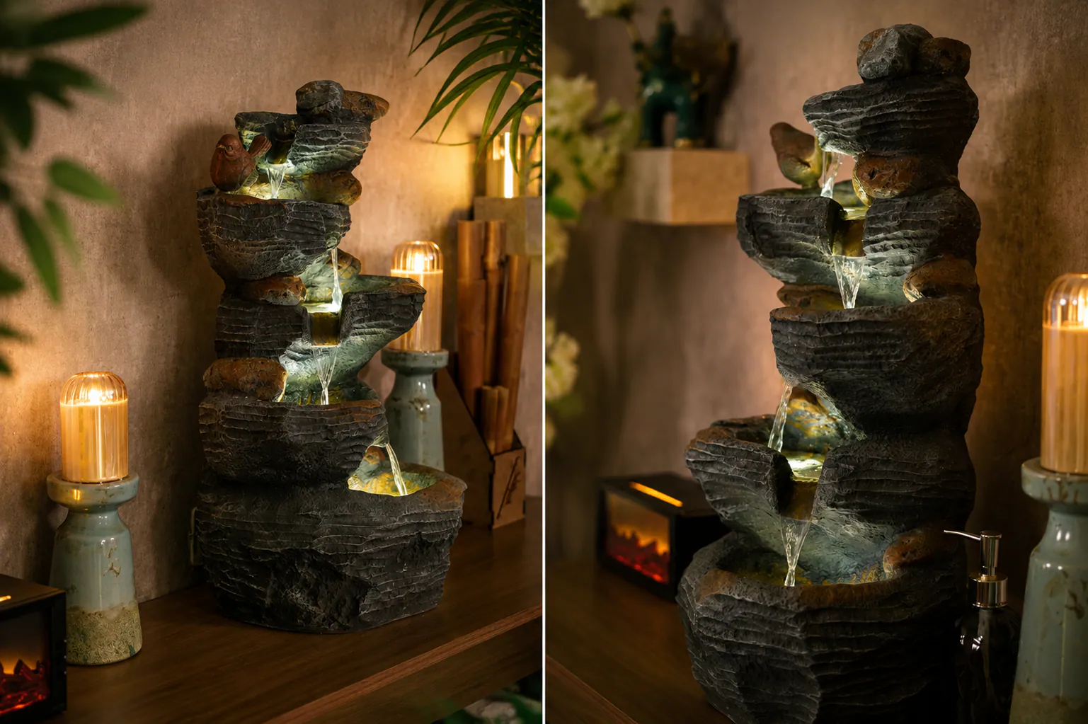 Detalle de fuente zen e iluminación cálida en una cabina de Makai