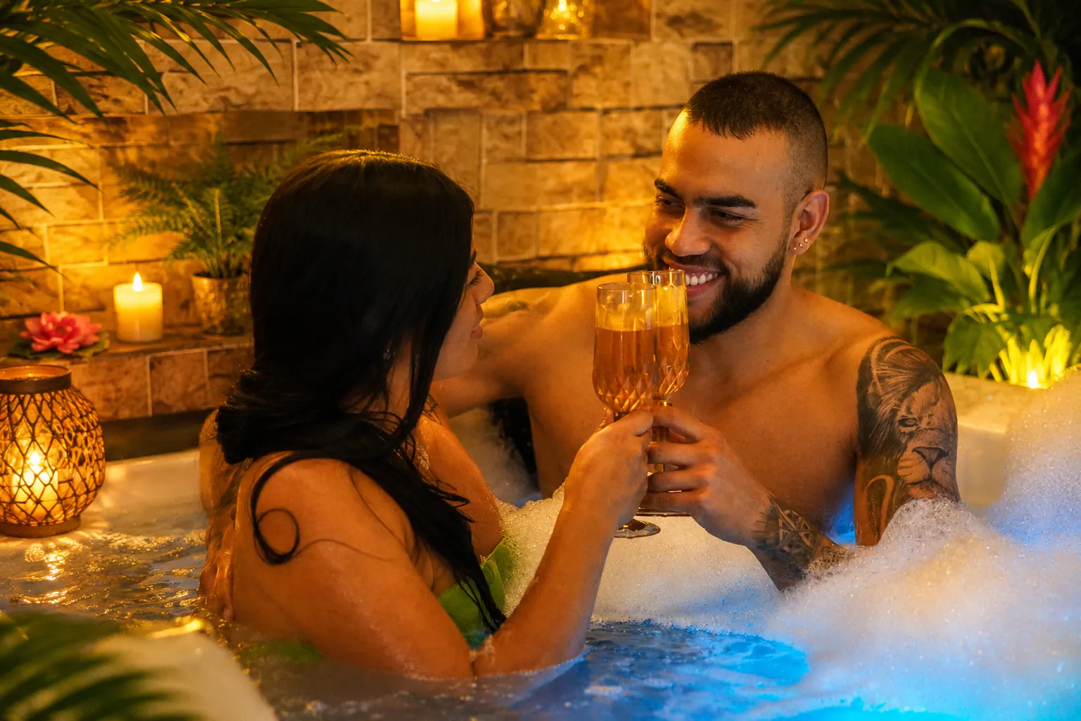Pareja compartiendo un brindis en el jacuzzi de Makai Spa en Cali